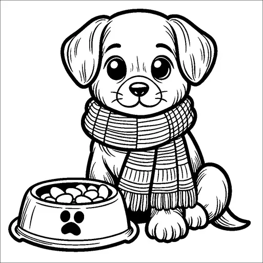 A cute puppy with large eyes is wearing a cozy scarf and sitting near a bowl filled with food. The bowl has a paw print design on its side. The puppy's expression is friendly and inviting, giving a warm feel. Its ears are floppy, adding to its adorable appearance.