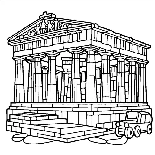 An ancient Greek temple with a classic column design is shown, featuring detailed architectural elements like a frieze and pediment. Stairs lead up to the grand entrance of the temple. A small car is parked to the side, creating a juxtaposition of modern and ancient elements. The scene seems to blend historical architecture with contemporary life.