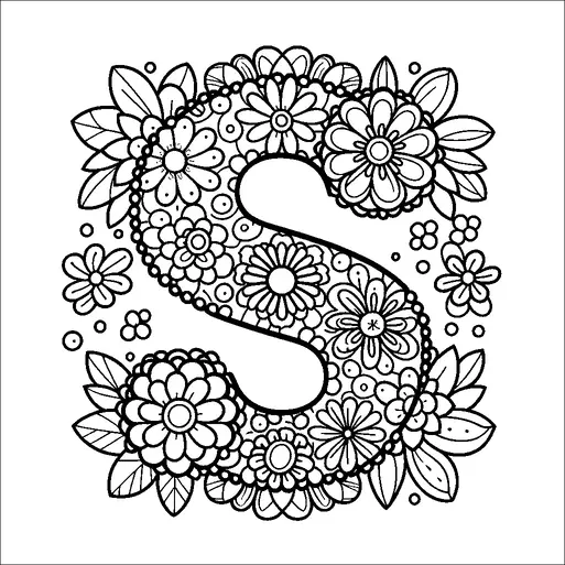 A large letter "S" is adorned with an intricate pattern of flowers and leaves. The floral design includes a variety of blooms, arranged densely around and within the shape of the letter. The pattern is symmetrical with leaves and small flowers adding to the detail. This decorative letter combines natural elements in a harmonious and artistic way.