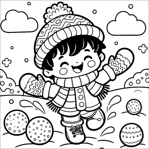 A joyful child is playing in a snowy landscape, dressed warmly in a cozy hat, scarf, and mittens. The child appears to be gleefully kicking snowballs, surrounded by falling snowflakes and fluffy clouds. The scene conveys a sense of fun and winter cheer. The background highlights simple snow-covered hills and playful elements.