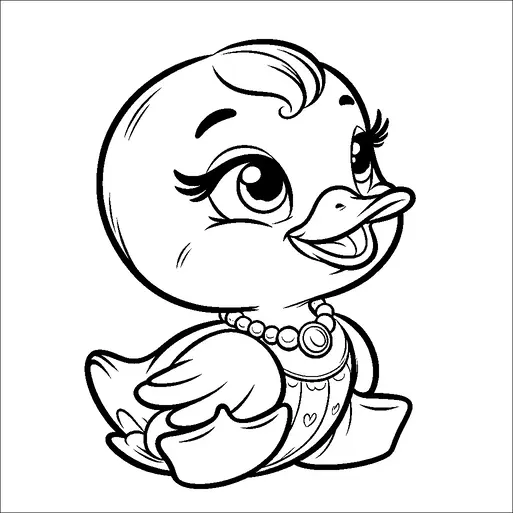 A cheerful duckling is adorned with a beaded necklace and a decorative pattern on its body. It has large, expressive eyes with long eyelashes and a curved tuft of hair on its head. The duckling appears to be smiling, giving it an endearing expression.