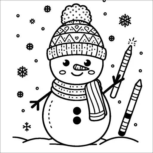 A cheerful snowman is wearing a patterned winter hat and striped scarf. It holds two large crayons, one in each hand, as snowflakes gently fall around it. The snowman has a carrot nose, button eyes, and is standing on a snowy ground. The background features various sizes of snowflakes dotting the scene.