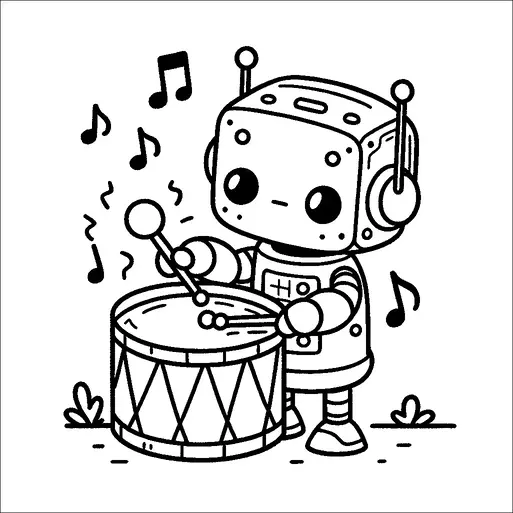 A cute robot is playing a drum energetically, surrounded by musical notes, conveying a fun and lively atmosphere. The robot stands on a simple landscape with small plants. Its design features a boxy head with antennas and large, expressive eyes. The scene suggests a sense of joy and playfulness.