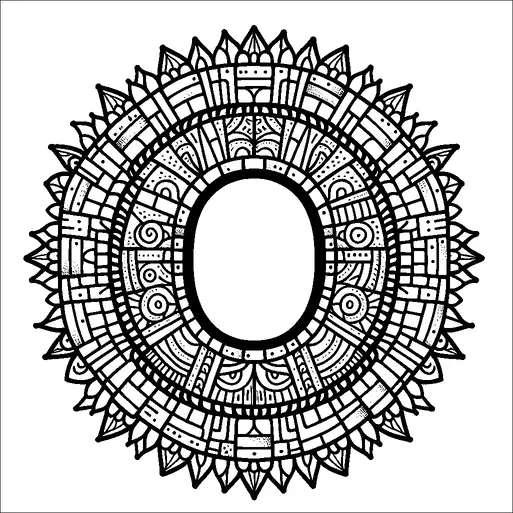 A detailed and intricate mandala design with an empty oval shape in the center. The mandala features various geometric and abstract patterns, including spirals, circles, and triangles, arranged in a symmetrical circular formation. The outer edges have a pointed pattern resembling a crown or sun rays, enhancing the mandala's complexity and beauty. The combination of repetitive shapes and patterns adds a harmonious and balanced aesthetic to the design.