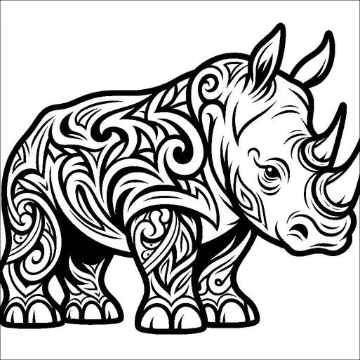 A rhinoceros is intricately designed with swirling patterns covering its entire body. The patterns are symmetrical and ornate, giving a decorative appearance to the animal. The rhino is shown in a side profile, highlighting its distinctive horns and sturdy stance. The overall effect is both elegant and striking, emphasizing the grandeur of the rhino with its detailed embellishments.