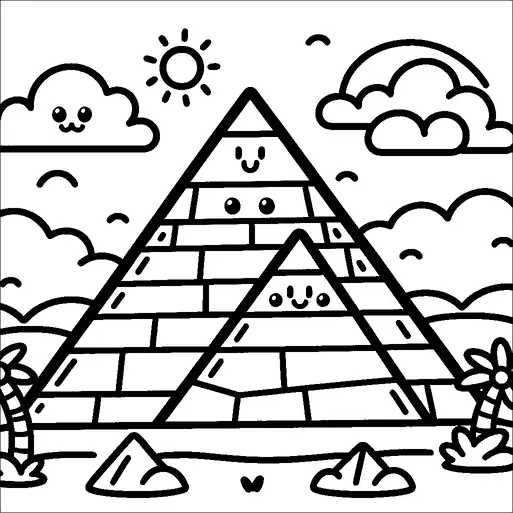 Cheerful pyramids with smiling faces stand amidst a desert landscape. The sun shines brightly above, surrounded by fluffy clouds, some of which have happy faces. Palm trees are nestled around the base of the pyramids, adding a touch of greenery. Small rocks are scattered in the foreground, creating a playful and inviting scene.