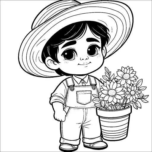 A young child with large eyes is wearing overalls and a wide-brimmed hat. They are holding a pot filled with blooming flowers, giving a cheerful and friendly impression. The child's hair is short and their expression is content and happy. The image has a playful and joyful theme with an emphasis on gardening and nature.