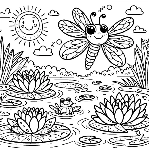 A cheerful dragonfly with large eyes hovers over a pond surrounded by lily pads and blooming lotus flowers. A happy frog sits on a lily pad, enjoying the serene water. The sun is smiling brightly in the sky, adding to the playful atmosphere. Fluffy clouds float in the background above the lush, grassy banks.