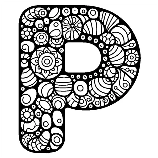 A large letter "P" is filled with intricate patterns and designs that include various abstract shapes and circles. The patterns resemble mandala-like elements, each with unique geometric forms. There is a sense of symmetry and repetition within the design, providing a visually complex structure inside the letter. The overall appearance is decorative and visually engaging.