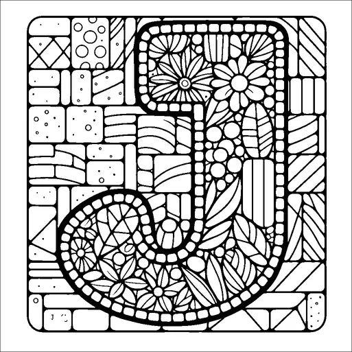 A large letter "J" is intricately designed with a variety of floral patterns and geometric shapes. Flowers, leaves, and circles fill the interior of the letter, while the background contains a mosaic-like pattern of squares and rectangles. The entire composition is enclosed within a square frame, giving it a structured appearance. The contrast between the bold outline of the letter and the detailed inner designs creates a visually appealing balance.