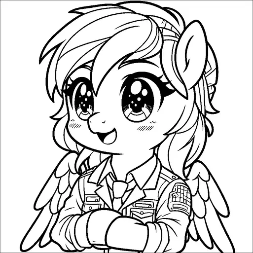 A cartoon pony with large, expressive eyes is shown with a cheerful expression. It has a distinctive mane and wings, and wears a uniform with a badge on the sleeve. The pony's front hooves are crossed, giving it a confident stance. The overall appearance is adorable and friendly.