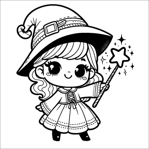 A cute young witch is dressed in a star-adorned hat and a flowing dress. She holds a magical wand with a star at its tip, and there's a sparkle around the wand. The girl has big, expressive eyes and a joyful expression. Her wavy hair falls beneath her hat, adding to her enchanting appearance.