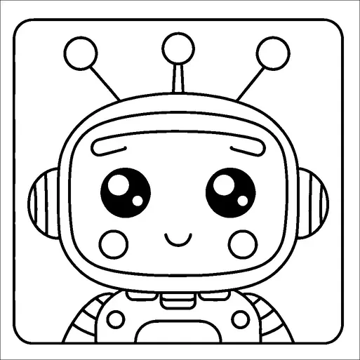 A cute robot with a smiling face, featuring large sparkling eyes, is the main subject. The robot has a rounded head with two antennas topped with circles. It wears what appears to be a space helmet with earmuffs. The background is a simple square frame.