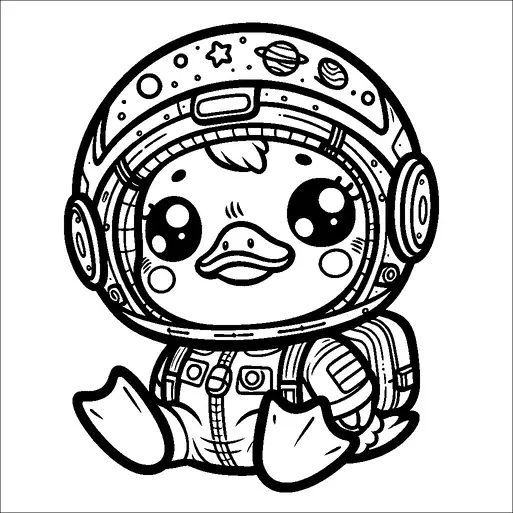 A cute duckling is dressed in an astronaut suit, complete with a helmet adorned with stars and planets. It is sitting down, showcasing large, expressive eyes and cheerful cheeks. The duckling's suit includes detailed patches and fastenings. This delightful character seems ready for an interstellar adventure.