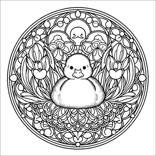 A fluffy duckling is centered in a circular, ornate design filled with floral patterns. The arrangement features three flowers framing the duckling, with detailed leaves and petals extending throughout the circle. The artwork is symmetrical, emphasizing balance and harmony in the composition. The background is filled with intricate patterns that complement the main subject.