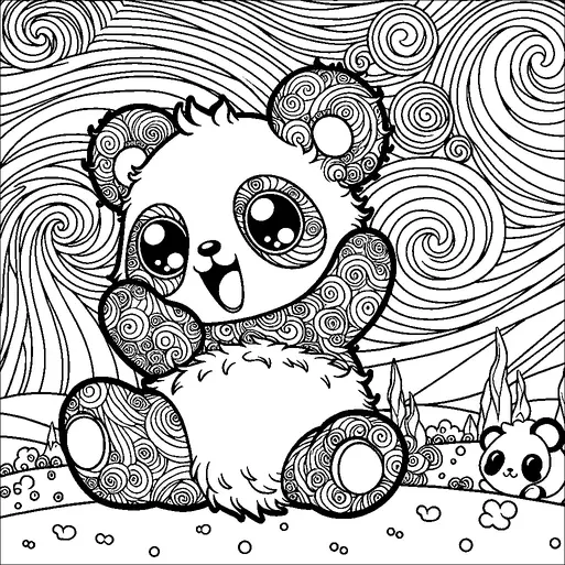 A cheerful panda with large, expressive eyes sits amid a swirling, abstract background filled with wavy lines and patterns. Its ears, arms, and legs are decorated with intricate spiral designs. In the background, a smaller panda peeks from behind bushes, adding a playful touch to the scene. The setting includes rolling hills and stylized flora that enhance the whimsical atmosphere.