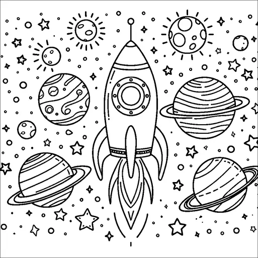 A rocket is surrounded by various planets and stars, illustrating a journey through space. The planets have different patterns and rings, indicating diversity in the solar system. Small stars and celestial objects fill the background, adding to the cosmic setting. The rocket is centrally positioned, with flames coming out of its boosters.