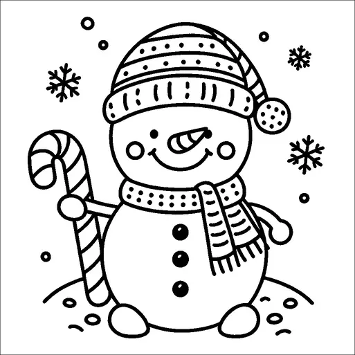 A smiling snowman is wearing a cozy hat and scarf and is holding a candy cane. Snowflakes are falling gently around it. The snowman has a carrot nose and buttons down its front. The scene is cheerful and festive, capturing a winter holiday spirit.