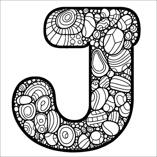 A large letter "J" is filled with intricate patterns composed of various geometric shapes such as circles, ovals, and spirals. The design gives a textured appearance, with each shape differing in size and detail. The patterns create a visually stimulating and ornate presentation of the letter. The overall look is both decorative and artistic.