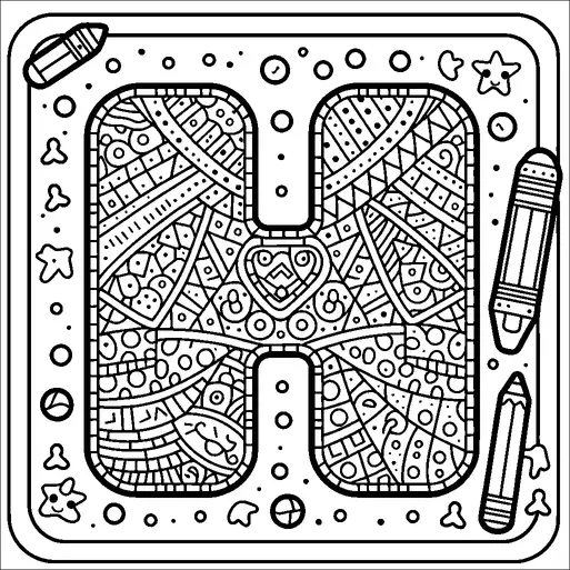 An intricately decorated letter "H" takes center stage in this image. The design is filled with various patterns, including dots, lines, and geometric shapes. Surrounding the letter are small elements like stars, smiley faces, and decorative borders. Two large pencils are positioned diagonally at the top left and bottom right corners of the square frame.