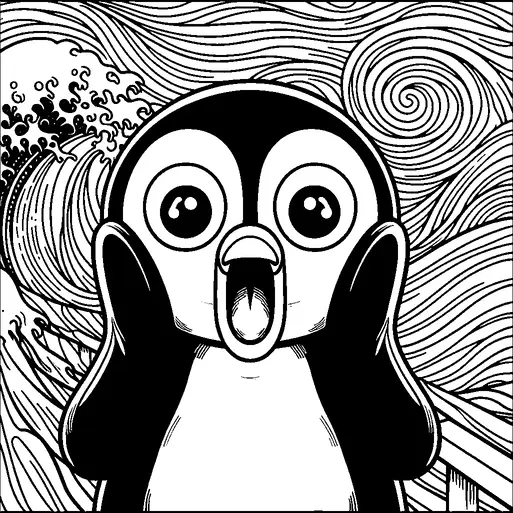 A surprised penguin with wide eyes and an open beak stands in the foreground, holding its face with its flippers. The background features a stylized ocean wave, reminiscent of traditional Japanese art, with swirling patterns in the sky. The contrast highlights the penguin's expression and the dynamic movement of the waves. The scene conveys a sense of surprise and energy.