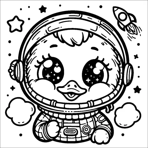 A cute duck is dressed as an astronaut, complete with a space helmet. The background features stars, clouds, and a small rocket ship, creating an outer space theme. The duck has large, sparkling eyes and a cheerful expression. The scene conveys a sense of adventure and whimsy.