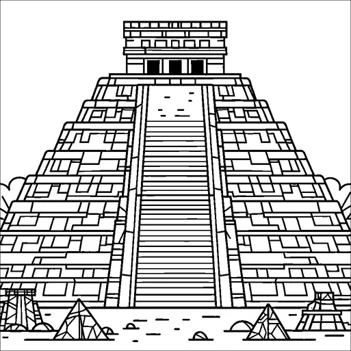 A large, stepped pyramid with a symmetrical staircase leading up to a temple-like structure at the top is shown. This architectural design is reminiscent of ancient Mesoamerican pyramids, surrounded by smaller pyramidal structures. The scene appears to be set outdoors with clouds visible in the background. The pyramid's geometric patterns are prominently displayed.