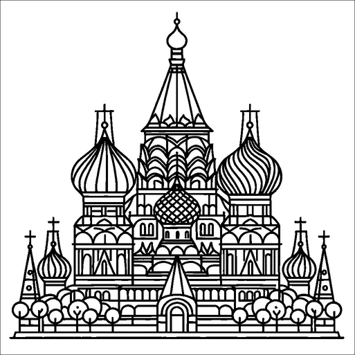 St. Basil's Cathedral is depicted with its iconic onion domes and intricate architectural details. The domes vary in size and pattern, with a central, taller spire rising above the rest. Surrounding the cathedral are small stylized trees. The architecture is characterized by its symmetry and ornate embellishments.