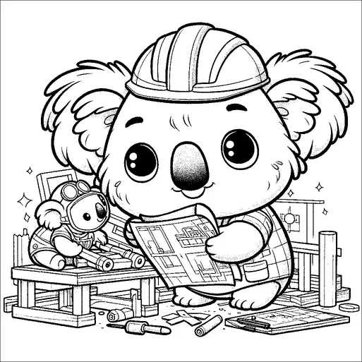 A koala wears a construction helmet and holds a blueprint, surrounded by a workshop setting with tools and wooden structures. Another smaller koala, also sporting safety gear, is working at a bench. The scene is playful and suggests a construction or building theme. The characters appear engaged in a project, emphasizing teamwork and planning.