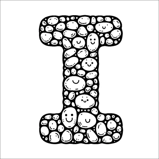 A large letter "I" is formed by an arrangement of pebbles, each featuring a smiling face. The pebbles vary in size and shape, creating a playful, cheerful pattern. The faces on the pebbles add a friendly and whimsical touch to the letter. The background is plain, emphasizing the pebble letter.