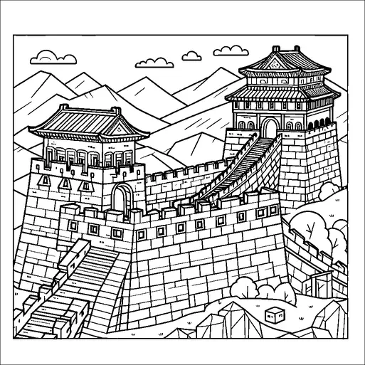 A detailed depiction of the Great Wall of China, showcasing its robust stone structure with entry towers and stairs leading up to the fortifications. Beyond the wall, rolling hills and distant mountains enhance the majesty of the setting. The sky is dotted with a few simple clouds, adding to the serene landscape. Plants and rocks are scattered in the foreground, adding texture and depth to the scene.