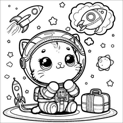 A cute kitten dressed as an astronaut sits in outer space, surrounded by stars and planets. The kitten has large, expressive eyes and wears a detailed space suit with a helmet. Nearby, there is a small suitcase, and rockets are flying around in the background. The kitten appears to be dreaming of space adventures as indicated by the thought bubble with a rocket inside.