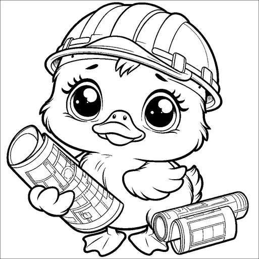 A cute duckling is wearing a construction helmet and holding a rolled-up blueprint. The duckling appears cheerful with large, expressive eyes and a smile. Additional blueprints are visible on the ground beside it. The overall scene suggests the duckling is engaged in some construction or planning activity.