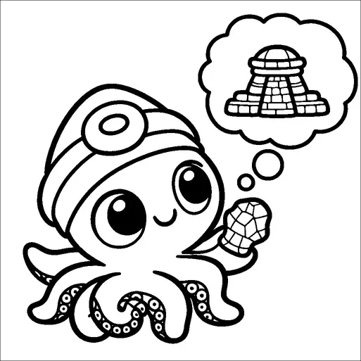 An adorable octopus character is depicted holding a shiny gemstone, with a thoughtful expression. Above its head is a thought bubble containing an image of an ancient, stepped structure resembling a temple or pyramid. The octopus is wearing a headpiece, adding to its charming appearance. It appears to be contemplating the structure in relation to the gem it holds.