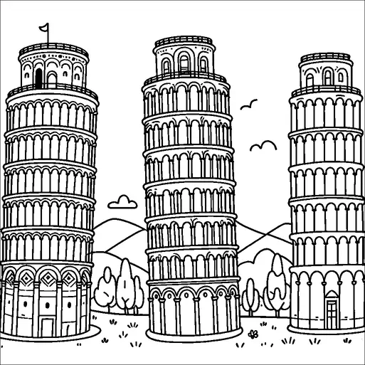 Three versions of the Leaning Tower of Pisa stand prominently against a backdrop of rolling hills and occasional trees. Each tower is similar in design with their iconic arches and detailed architecture. Birds fly in the sky, adding a sense of calmness to the picturesque scene. A small flag adorns the top of one of the towers, subtly indicating a sense of national pride or celebration.