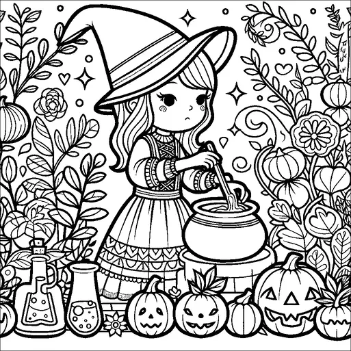 A young witch wearing a large hat is stirring a cauldron surrounded by various pumpkins and whimsical plants. She is in a garden with flowers and vines, and there are bottles and flasks nearby suggesting potion-making. The pumpkins have carved faces, resembling jack-o'-lanterns. The scene is filled with stars and decorative elements, creating a magical atmosphere.