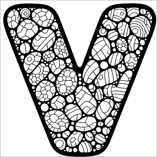 A large letter "V" is filled with an intricate pattern of pebbles and stones. Each stone within the letter is uniquely shaped and detailed with cracks and lines. The pebbles vary in size, creating a visually dynamic texture. The background is plain which highlights the detailed design within the letter.