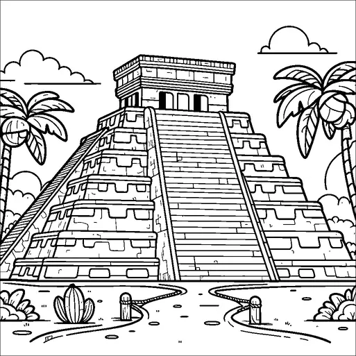 A large, ancient Mayan pyramid stands prominently in the center, surrounded by palm trees and a couple of shrubs. The pyramid features multiple tiers with a staircase leading to a small temple structure at the top. The sky is clear with a few clouds visible in the background. The scene is tranquil and representative of a historical or archaeological setting.