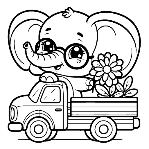 A cute elephant wearing glasses is sitting in a truck, holding a bouquet of flowers. The truck is depicted with simple details, and the elephant appears happy and cheerful. The flowers add a lively touch to the scene, enhancing the playful vibe. The image conveys a sense of joy and friendliness.