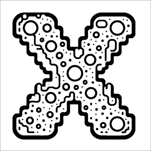 A bold letter "X" is decorated with an array of circles and dots of varying sizes. The interior design mimics a pattern of bubbles or craters, giving it a textured appearance. The outer edges are thick, creating a pronounced outline that contrasts with the intricate interior design. The combination of different-sized circles adds a playful and dynamic feel to the letter.