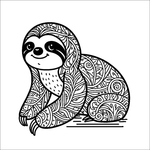 A sloth is sitting with a serene expression, its body adorned with intricate patterns and swirls. The patterns include leaves and spirals, covering its entire body and limbs. Its face is simple and cute, with a small smile and black patches around the eyes. The overall design gives a lively and artistic representation of the sloth.