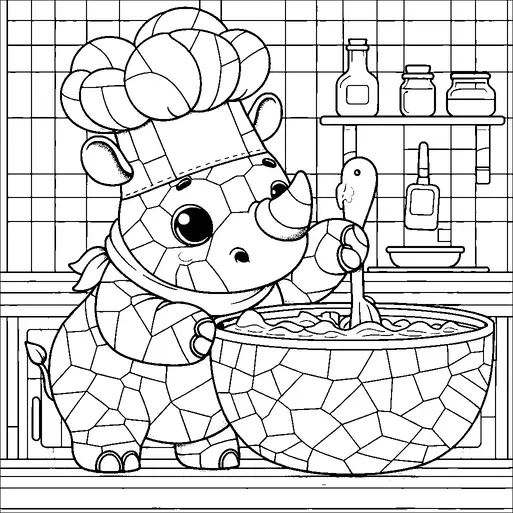 A cute rhino wearing a chef's hat and scarf is happily mixing ingredients in a large bowl. The kitchen setting includes shelves with bottles and jars in the background. The rhino seems cheerful and focused on cooking, surrounded by a tiled wall. Utensils and other kitchen items are neatly arranged around the cooking area.