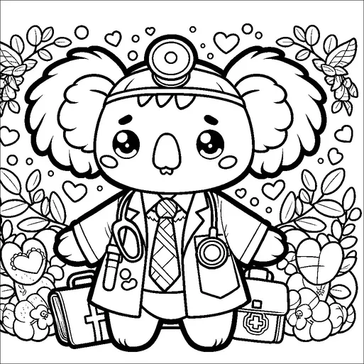 A koala dressed as a doctor stands with a stethoscope around its neck and a medical briefcase at its side. It is surrounded by decorative elements such as leaves, hearts, and flowers. The koala's expression is cheerful and inviting, creating a playful atmosphere. Butterfly accents are seen flying around the character, enhancing the whimsical setting.