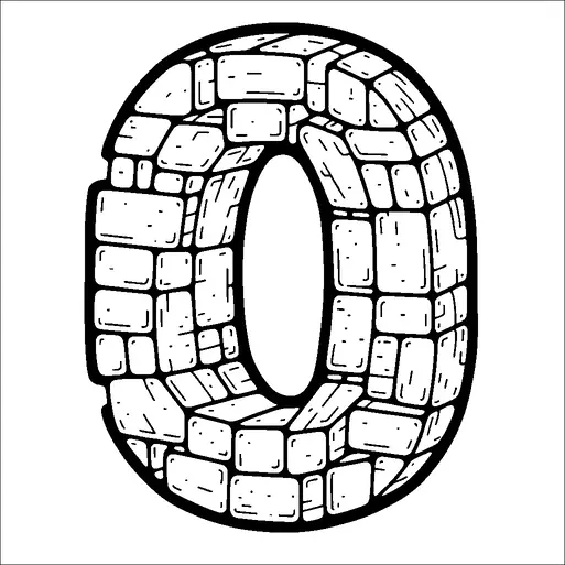 A large, stylized number zero is constructed using uneven stone blocks. Each block features unique patterns and textures, giving the impression of an ancient or medieval structure. The stones are aligned in a way that maintains the clear, rounded shape of the zero. The overall design is bold and emphasizes the weight and solidity of the stone construct.