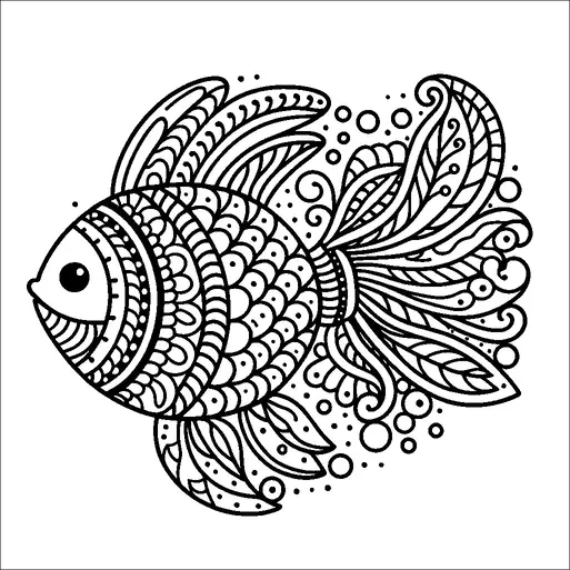 A fish is intricately designed with a variety of patterns, such as spirals and scales, covering its body. It has flowing fins and a tail, adorned with leaf-like motifs and dots. The fish's eye is large and prominent, contributing to its whimsical appearance. The background is clear, emphasizing the detailed artwork on the fish itself.