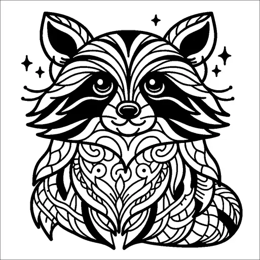 A stylized raccoon has intricate patterns throughout its design, giving it a lively and intricate appearance. The raccoon is depicted with large, expressive eyes and pointed ears, with numerous decorative swirls and shapes accentuating its fur and features. Around the raccoon, small star-like shapes add a whimsical touch. The overall composition combines natural elements with artistic embellishments.