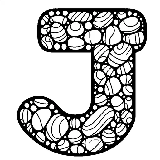 A large letter "J" is composed of various intricately designed stones, each with unique patterns and shapes. The stones are arranged closely together, creating a textured and detailed look within the outline of the letter. The design uses shades of white and gray, providing a harmonious contrast with the black outline. The stones vary in size and pattern, giving the letter a dynamic appearance.