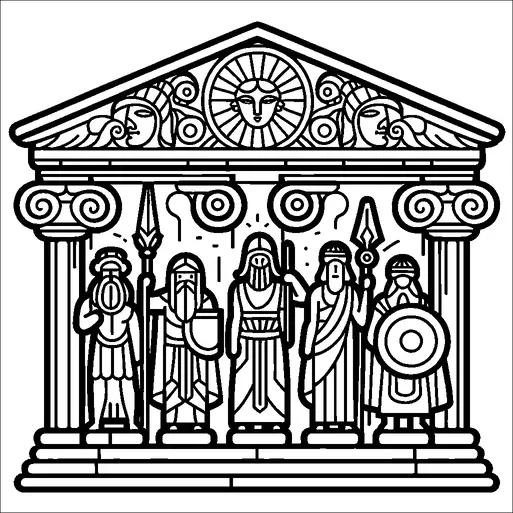 Five figures representing Greek gods stand in front of a classical temple facade with ornate columns and detailed pediment. Each figure is holding traditional symbols or weapons associated with their divine identity. The pediment features intricate designs and a prominent central emblem, possibly a sun or star motif. The scene is rich with classical Greek architectural and mythological elements, depicting an assembly of powerful deities.