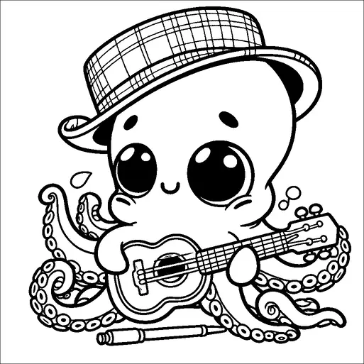 An adorable octopus is playing a guitar with a joyful expression. It has large, expressive eyes and is wearing a stylish, checkered hat. Its tentacles are raised, showing a lively movement as it strums the instrument. There's also a small detail of musical notes around, highlighting the musical theme.