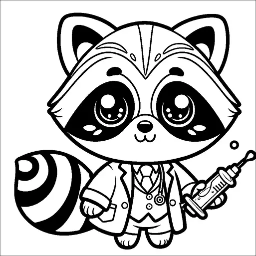 A cute raccoon is dressed as a doctor with a lab coat and stethoscope. It holds a large syringe in its hand and has expressive big eyes. The raccoon's bushy tail is prominently featured with bold stripes. It appears friendly and approachable, adding a playful touch to the medical theme.